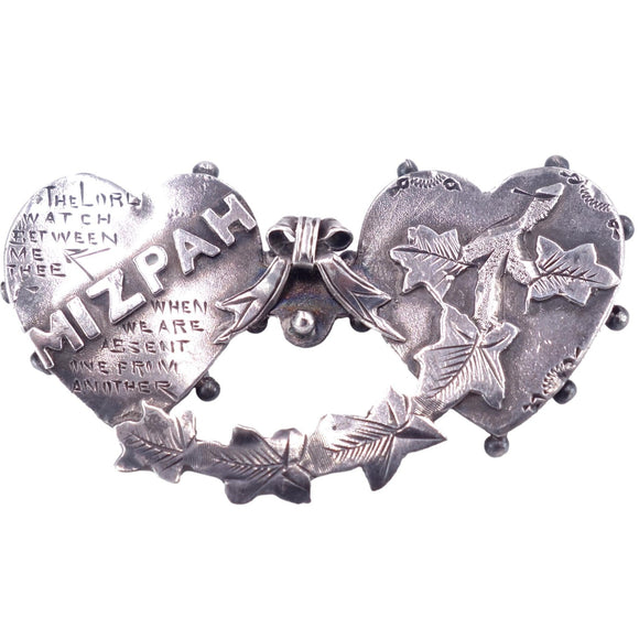 Victorian C. 1899 Sterling Silver Mizpah Double Heart Brooch