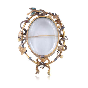 Victorian c. 1850 Gold and Crystal Locket Pendant Brooch with Turquoise Pearl Bird Nest and Snakes