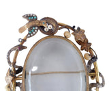 Victorian c. 1850 Gold and Crystal Locket Pendant Brooch with Turquoise Pearl Bird Nest and Snakes