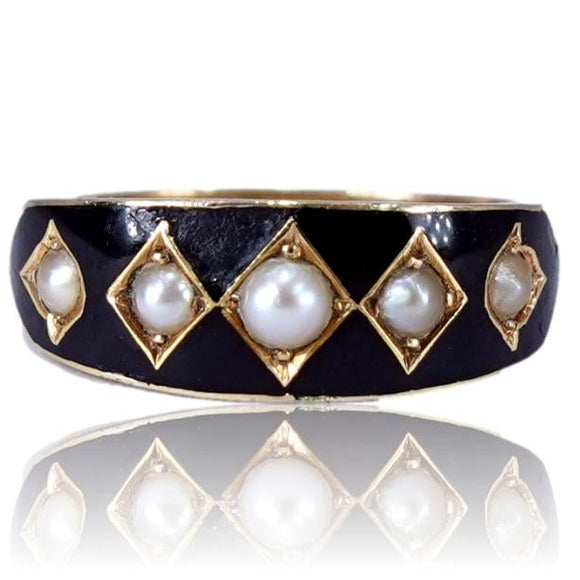 Ring with black band and gold accents on a white background