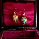 Gold earrings with turquoise stones in a red velvet jewelry box