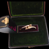 Gold lizard-shaped brooch in a black and gold jewelry box with green interior.