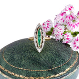Ring with emerald stone on a green cushion with pink flowers