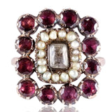 Georgian Gold, Garnet and Seed Pearl Hairwork Locket Mourning Ring c 1818