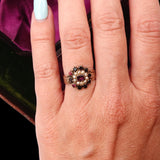 Georgian Foiled Flat Cut Garnet and Seed Pearl 9k Gold Ring circa 1830