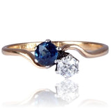 Edwardian Toi et Moi Sapphire Diamond Ring 18k Gold Platinum C. 1915