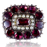 Georgian 9k Gold Foiled Back Flat Cut Garnet and Pearl Brooch C. 1800