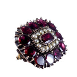 Georgian 9k Gold Foiled Back Flat Cut Garnet and Pearl Brooch C. 1800