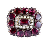 Georgian 9k Gold Foiled Back Flat Cut Garnet and Pearl Brooch C. 1800