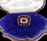 Georgian 9k Gold Foiled Back Flat Cut Garnet and Pearl Brooch C. 1800