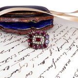 Georgian 9k Gold Foiled Back Flat Cut Garnet and Pearl Brooch C. 1800