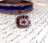 Georgian 9k Gold Foiled Back Flat Cut Garnet and Pearl Brooch C. 1800
