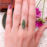 Edwardian 18k Gold Platinum Emerald and Diamond Navette Ring circa 1910