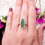 Edwardian 18k Gold Platinum Emerald and Diamond Navette Ring circa 1910