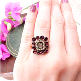 Georgian Gold, Garnet and Seed Pearl Hairwork Locket Mourning Ring c 1818