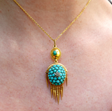Victorian 18K Gold Pave Set Turquoise and Diamond Pendant Necklace