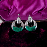 Victorian Silver and Malachite Drop Hoop Earrings circa 1870