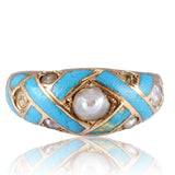 Victorian 18K Gold Light Blue Enamel and Pearl Ring circa 1860