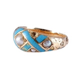 Victorian 18K Gold Light Blue Enamel and Pearl Ring circa 1860