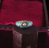 Victorian 18K Gold Light Blue Enamel and Pearl Ring circa 1860