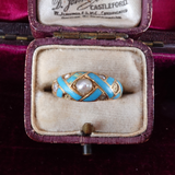 Victorian 18K Gold Light Blue Enamel and Pearl Ring circa 1860