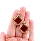 Victorian Rolled Gold Red Glass Circular Floral Drop Earrings circa 1890