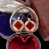 Victorian Rolled Gold Red Glass Circular Floral Drop Earrings circa 1890