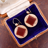 Victorian Rolled Gold Red Glass Circular Floral Drop Earrings circa 1890