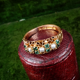 Victorian 15k Gold Emerald and Pearl Half Hoop Ring circa 1874