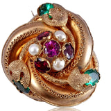 Victorian Gilt and Imitation Emerald, Ruby and Pearl Brooch circa 1860