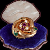 Victorian Gilt and Imitation Emerald, Ruby and Pearl Brooch circa 1860