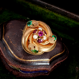 Victorian Gilt and Imitation Emerald, Ruby and Pearl Brooch circa 1860