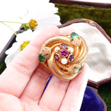 Victorian Gilt and Imitation Emerald, Ruby and Pearl Brooch circa 1860