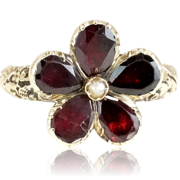 Georgian 1800 Foiled Back Flat Cut Garnet and Pearl Pansy Ring