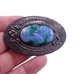 Edwardian Arts and Crafts c. 1910 Ruskin Style Blue Green Ceramic Pewter Oval Brooch