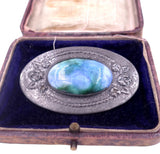 Edwardian Arts and Crafts c. 1910 Ruskin Style Blue Green Ceramic Pewter Oval Brooch