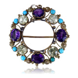 Georgian C. 1820 Amethyst, Chrysoberyl and Turquoise 18K Gold Cannetile Pendant Brooch