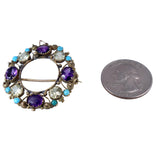 Georgian C. 1820 Amethyst, Chrysoberyl and Turquoise 18K Gold Cannetile Pendant Brooch