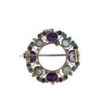 Georgian C. 1820 Amethyst, Chrysoberyl and Turquoise 18K Gold Cannetile Pendant Brooch
