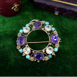Georgian C. 1820 Amethyst, Chrysoberyl and Turquoise 18K Gold Cannetile Pendant Brooch